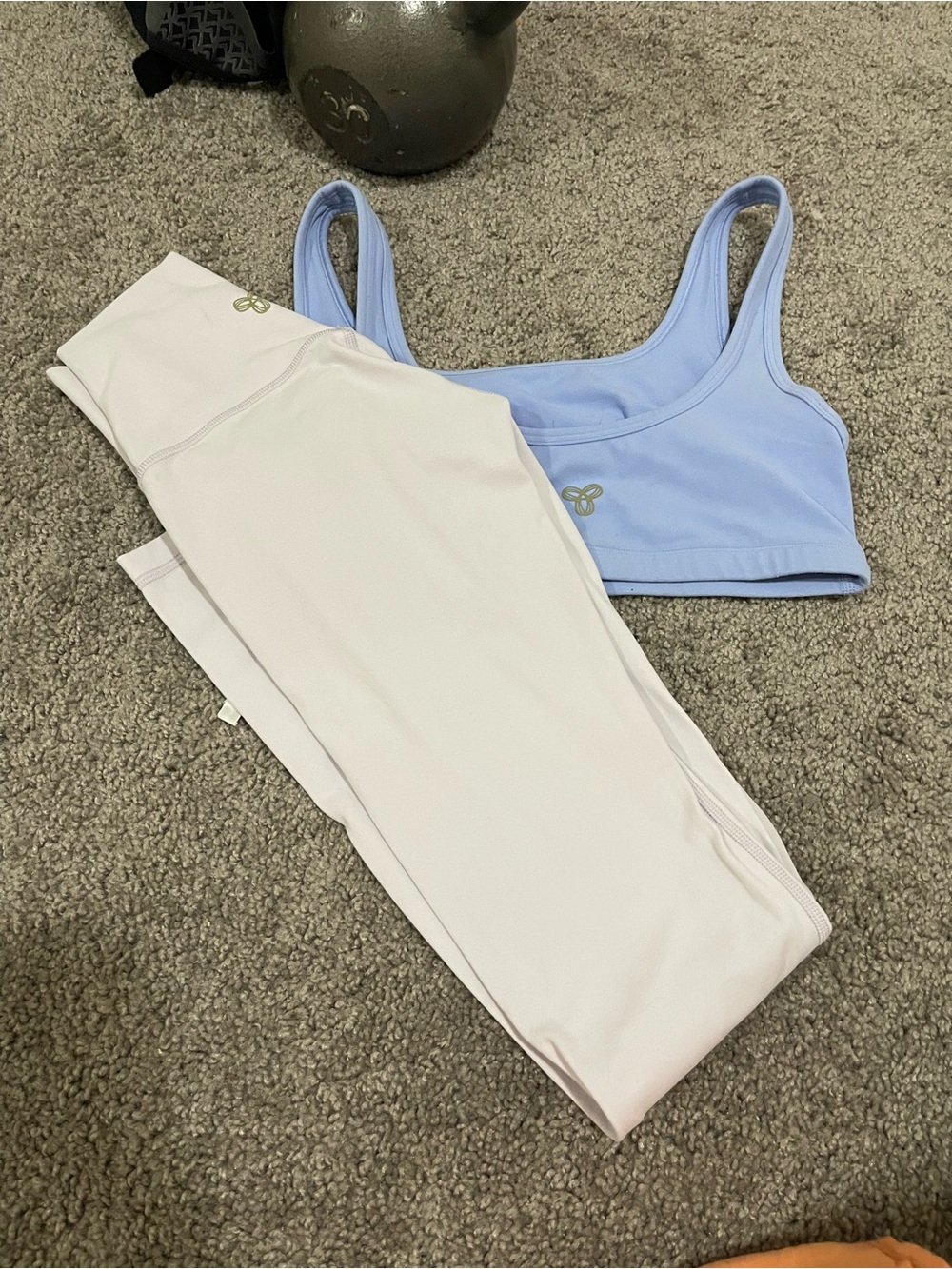 Aritzia Light Blue Sports Bra and Cream Leggings Set